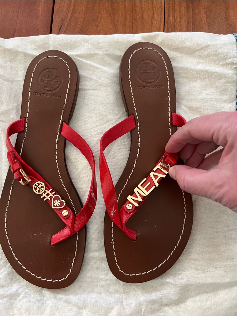 Tory Burch Red Leather Logo-Embellished Thong Sandals—like new!